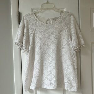 Anthropologie white lace blouse with pom-pom detail sleeves, size large